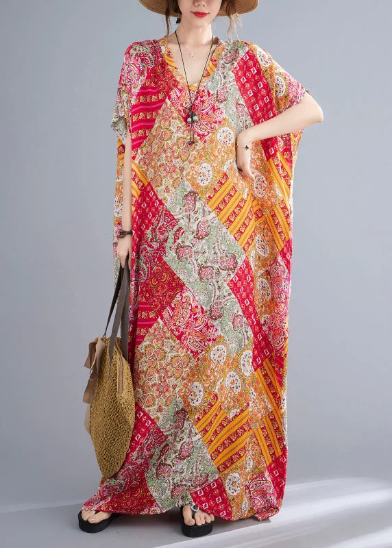 Red V Neck Cozy Cotton Maxi Dress Short Sleeve Trendy Fit-and-Flare Maxi Dress