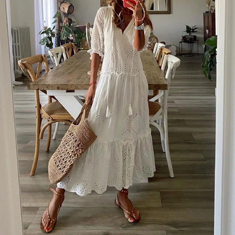 Romantic White Half Sleeve Maxi Dress Trendy Floral Print Maxi Dress