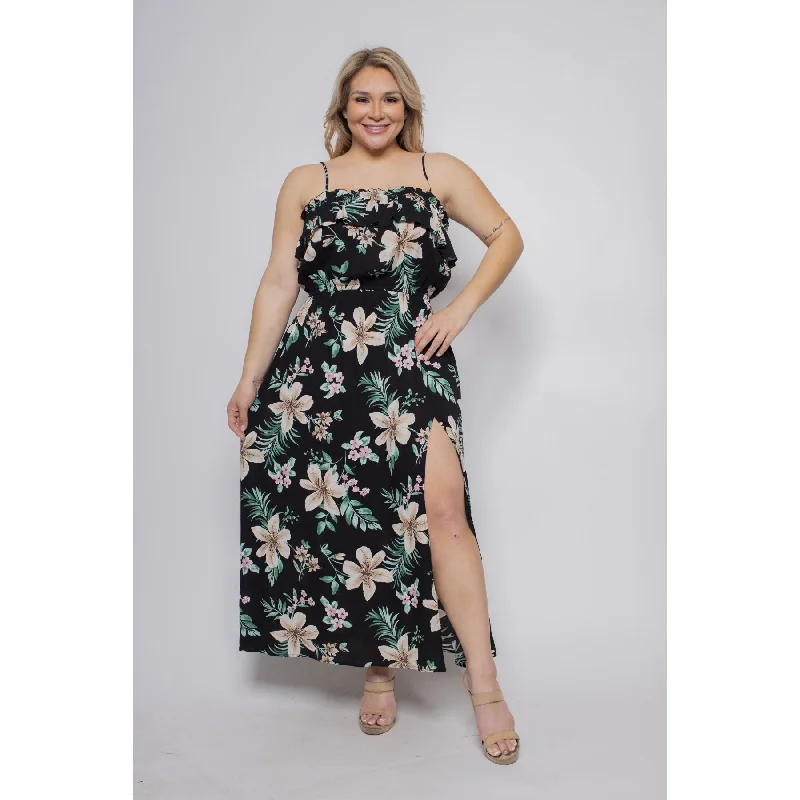 Royal Curves Black Tropical Print Slit Maxi Dress Comfortable Maxi Dress with Slits