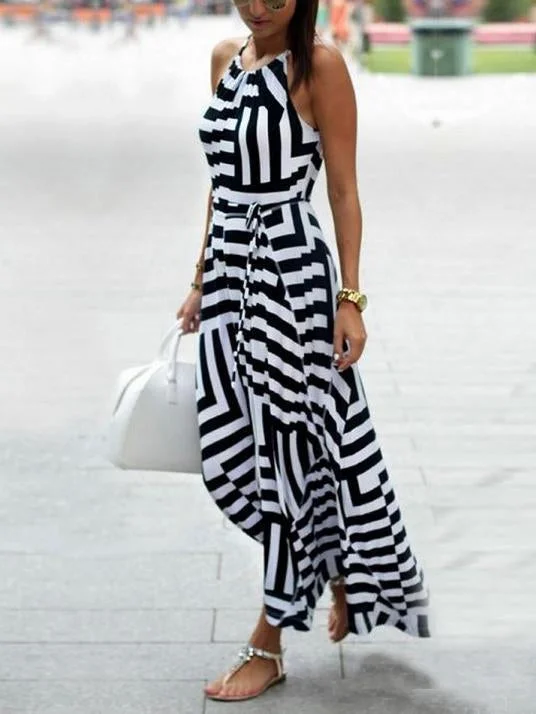 Sexy Stripe Sleeveless Irregular Maxi Dress Stylish Button-Up Maxi Dress
