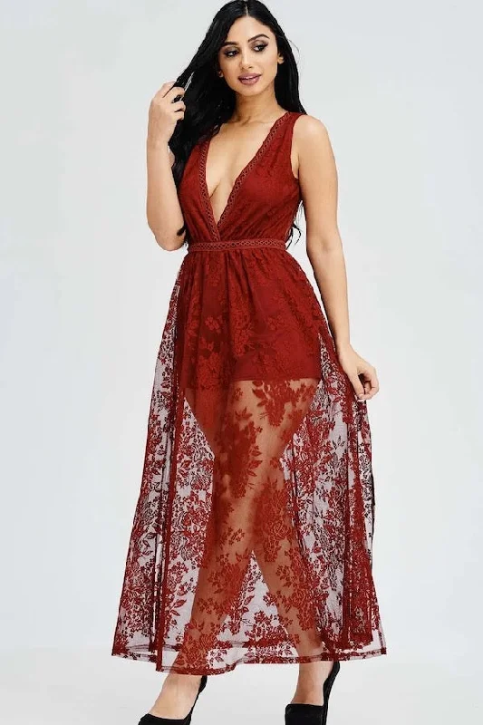 Sheer Lace Romper Maxi Dress Elegant Floral Maxi Dress