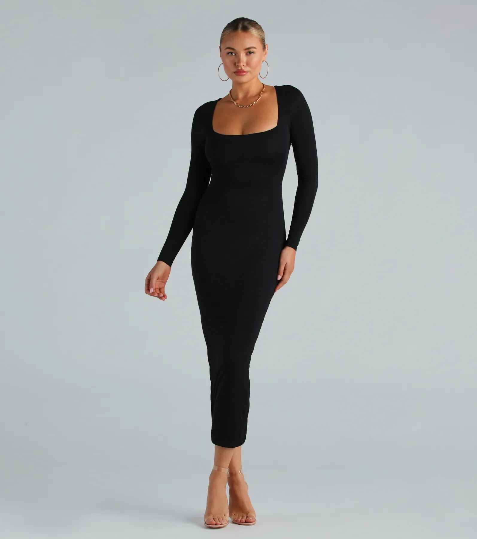 Smooth Silhouette Long Sleeve Bodycon Maxi Dress Comfortable Satin Maxi Dress