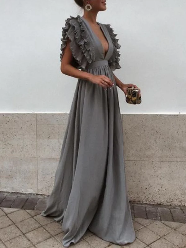 Solid Color Deep V Neck Backless Maxi Dress Classic Tulle Maxi Dress