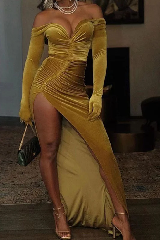 Solid Color Off Shoulder Modern High Split Maxi Dress Fashionable Halter Neck Maxi Dress Solid Color Off Shoulder Modern High Split Maxi Dress Fashionable Halter Neck Maxi Dress