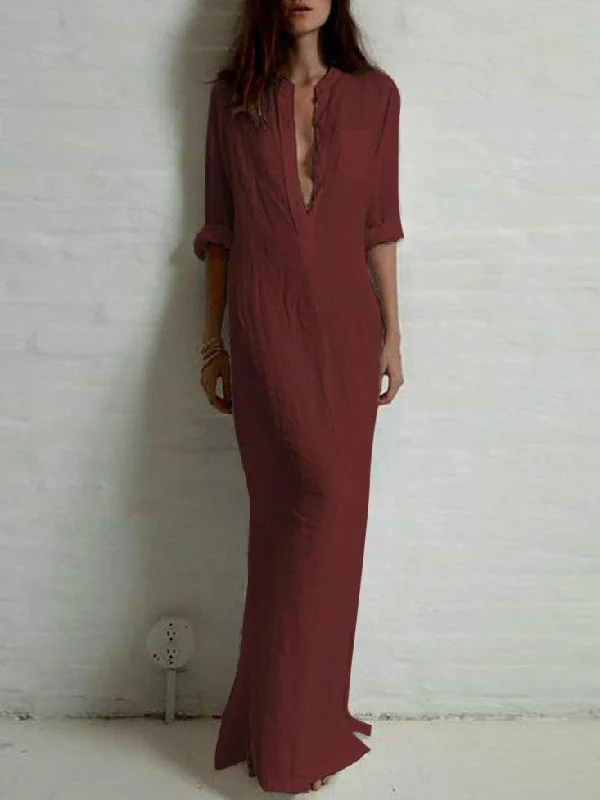 Solid Color Split-side Stand Collar Maxi Dress Trendy Off-Shoulder Ruffle Maxi Dress Solid Color Split-side Stand Collar Maxi Dress Trendy Off-Shoulder Ruffle Maxi Dress