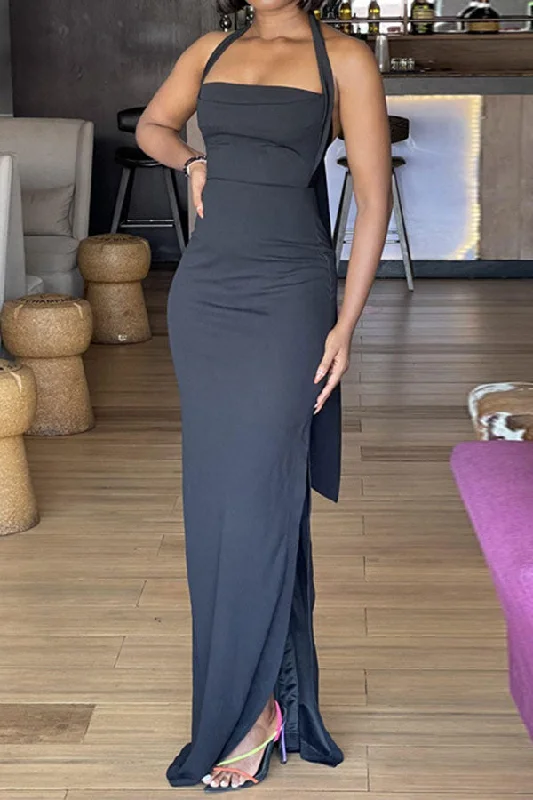 Solid Color Versatile Strappy Backless Maxi Dress Elegant Lace-Up Maxi Dress