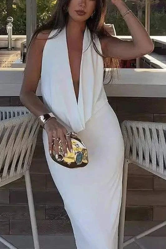 SOLID HALTER NECK MAXI DRESS Cozy Maxi Dress with Slit