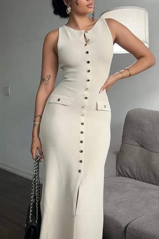 SOLID RIB KNIT MAXI DRESS Fashionable Asymmetrical Maxi Dress