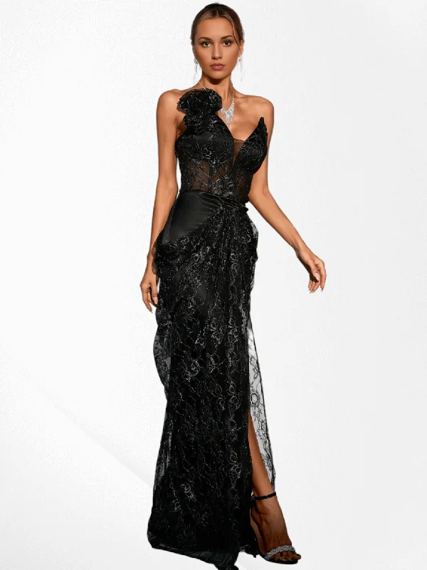 Strapless Floral Draped Lace Maxi Dress Comfortable Ruffle Maxi Dress