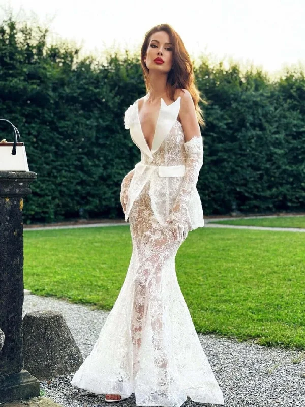 Strapless Lace Mermaid Maxi Dress White Comfortable Ruffle Hem Maxi Dress
