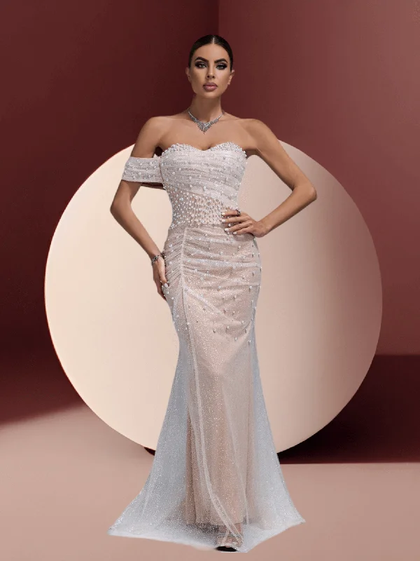 Strapless Pearl Mesh Nude Maxi Dress Classic A-Line Maxi Dress