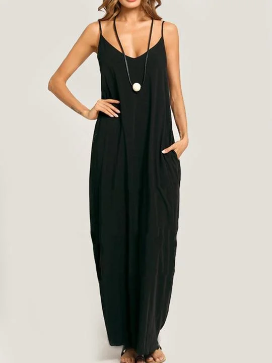 Summer Spaghetti Strap Pocket Plain Maxi Dress Fashionable Button-Down Maxi Dress