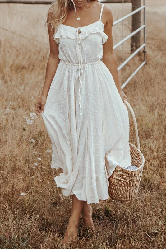 Swiss Dot Spaghetti Straps Ruffled Maxi Dress Fashionable Chiffon Tiered Maxi Dress