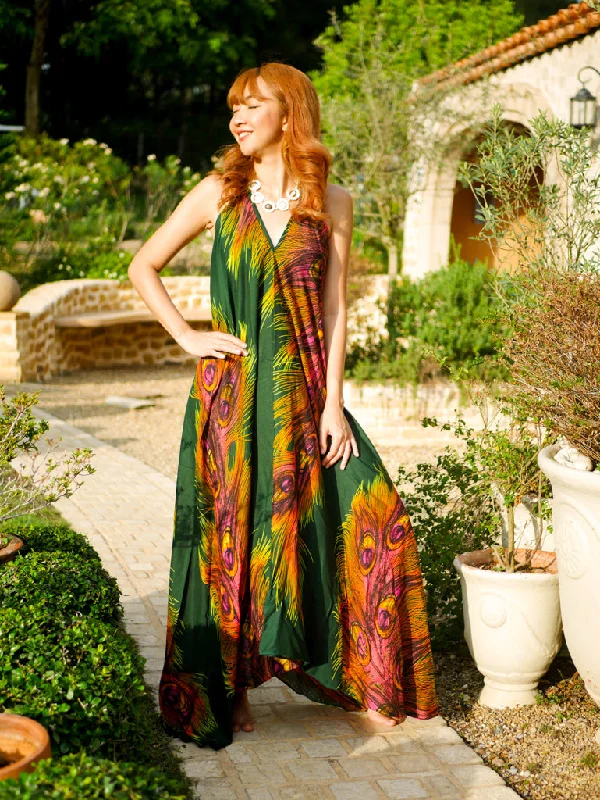 Green Peacock Feather Goddess Boho Maxi Dress Fashionable Chiffon Tiered Maxi Dress