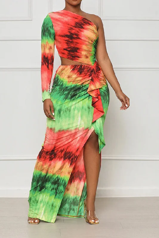Tie Dye Colorful Ruffle Asymmetric Maxi Dress Comfortable Casual Maxi Dress