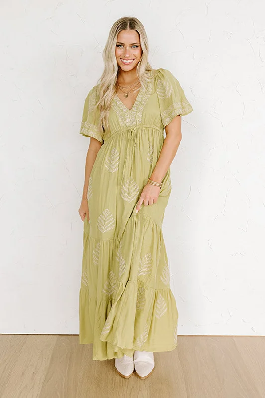 Venice Stroll Embroidered Maxi Dress in Chartreuse Stylish A-Line Maxi Dress