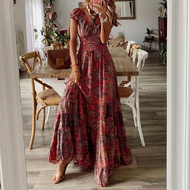 Vintage Print Short Sleeve Maxi Dress Fashionable Button-Down Maxi Dress