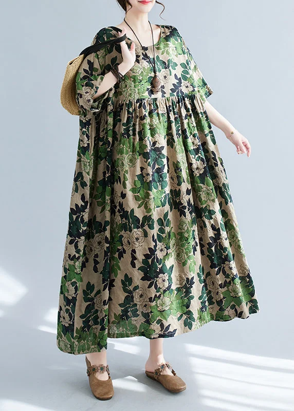 Women Green Patchwork Print Cotton Maxi Dress Short Sleeve Cozy Ribbed Maxi Dress
