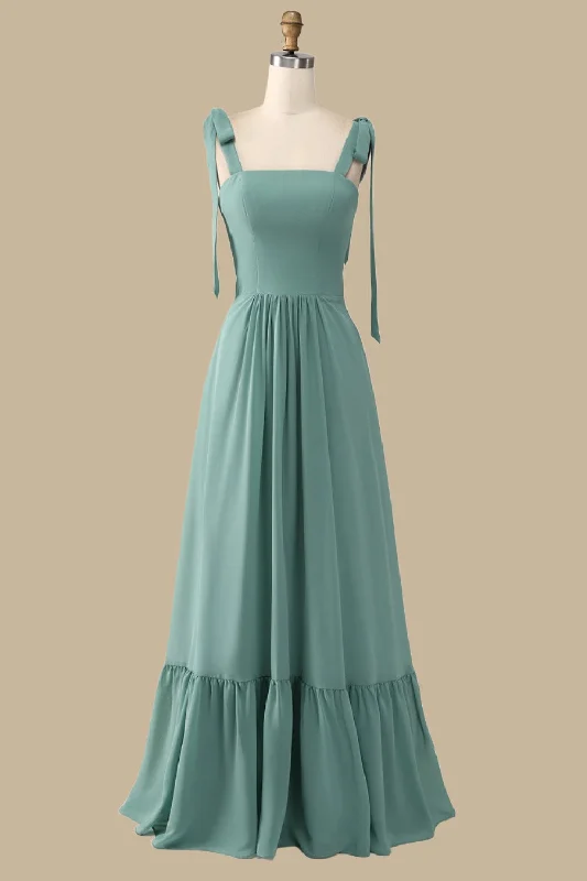 A-Line Green Maxi Dress with Bow Straps Elegant Lace-Up Maxi Dress