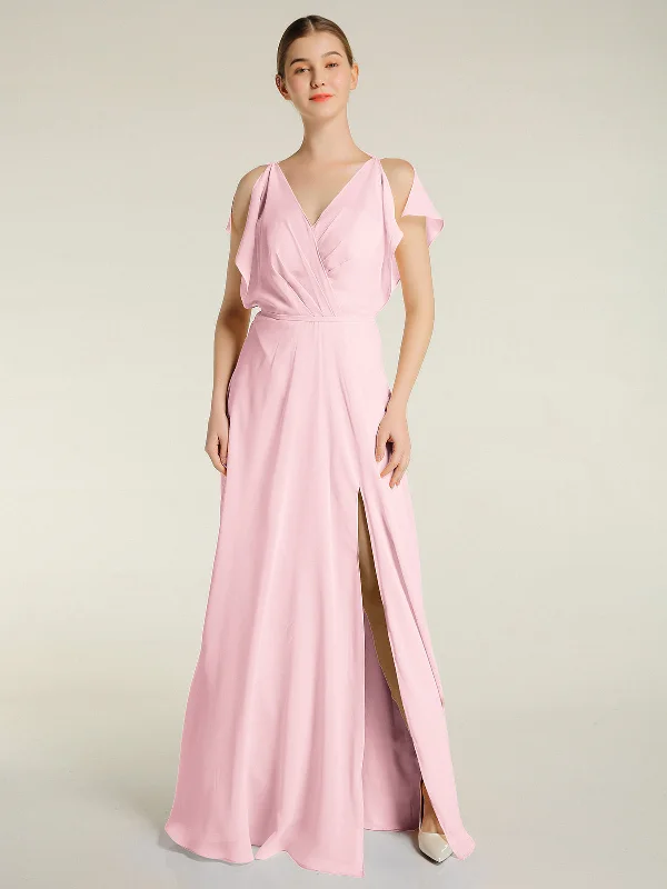 V Neckline Chiffon Maxi Dresses with Slit Blushing Pink Trendy Maxi Dress with Belt