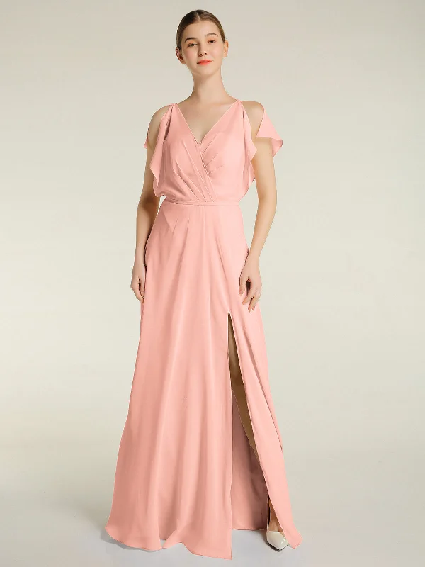 V Neckline Chiffon Maxi Dresses with Slit Coral Comfortable Pleated Maxi Dress