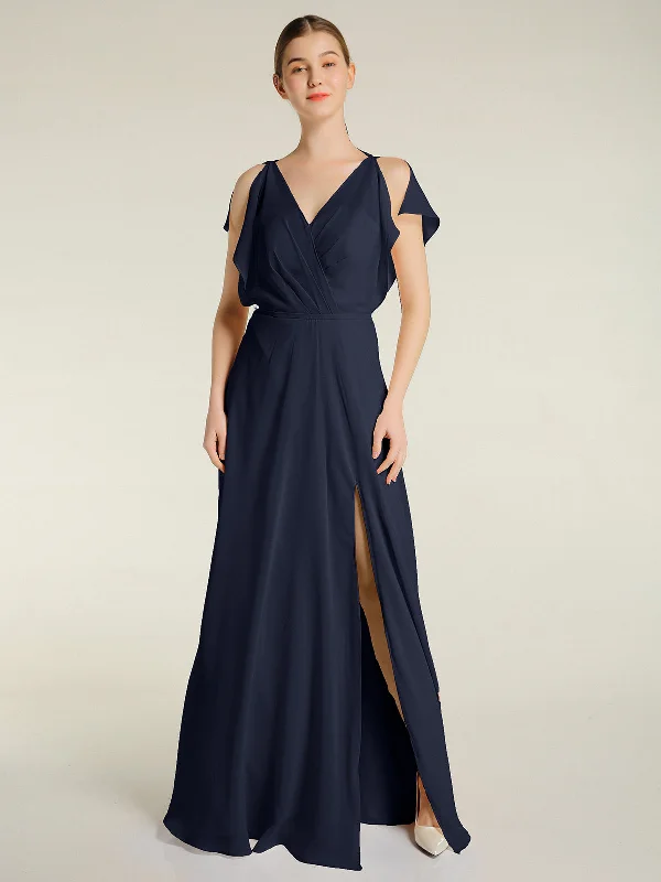 V Neckline Chiffon Maxi Dresses with Slit Dark Navy Classic Solid Maxi Dress