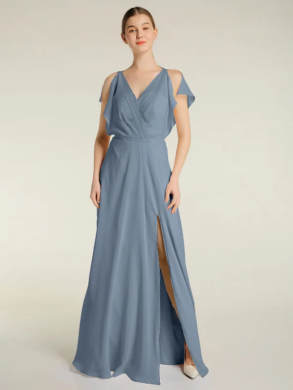 V Neckline Chiffon Maxi Dresses with Slit Dusty Blue Comfortable T-Shirt Maxi Dress