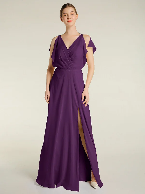 V Neckline Chiffon Maxi Dresses with Slit Grape Fashionable Chiffon Tiered Maxi Dress