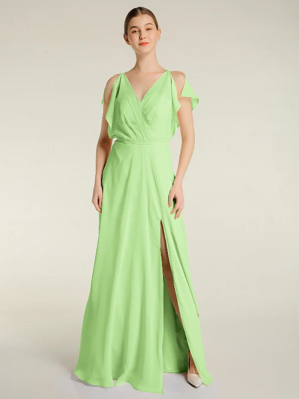 V Neckline Chiffon Maxi Dresses with Slit Sage Trendy Button Front Maxi Dress