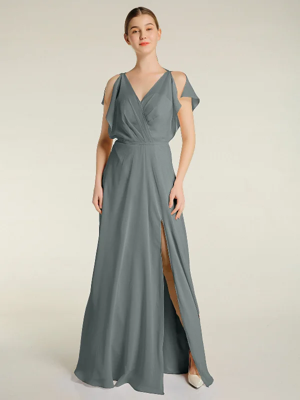 V Neckline Chiffon Maxi Dresses with Slit Steel Grey Cozy Open-Back Maxi Dress