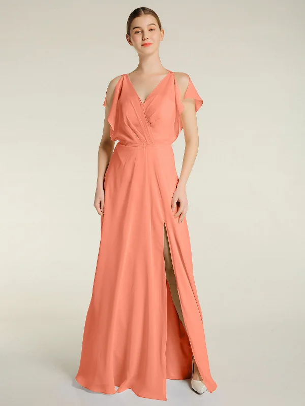 V Neckline Chiffon Maxi Dresses with Slit Sunset Cozy Longline Maxi Dress