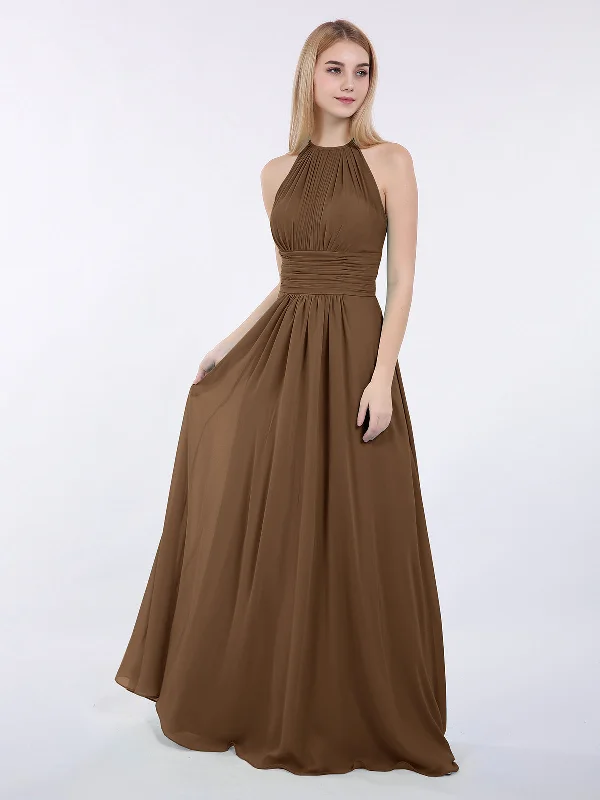 Halter Chiffon Maxi Dress of Bridesmaid Brown Fashionable High-Low Maxi Dress