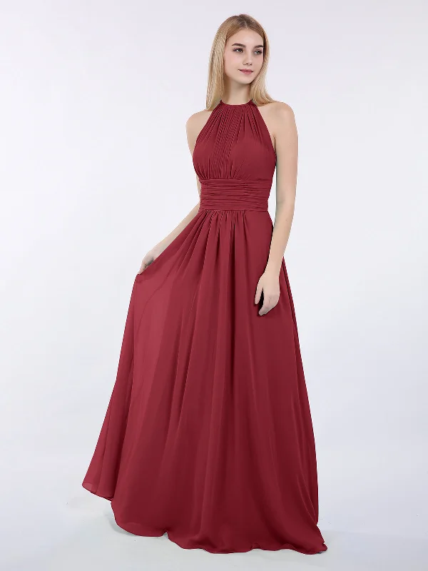 Halter Chiffon Maxi Dress of Bridesmaid Burgundy Trendy Printed Maxi Dress