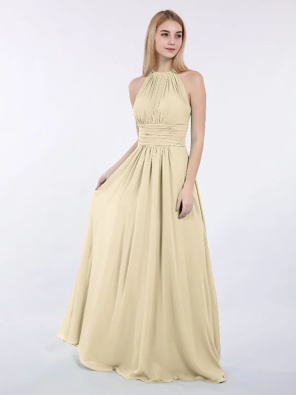 Halter Chiffon Maxi Dress of Bridesmaid Champagne Elegant Boho Maxi Dress