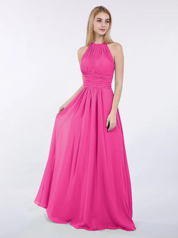 Halter Chiffon Maxi Dress of Bridesmaid Fuchsia Stylish Off-Shoulder Maxi Dress