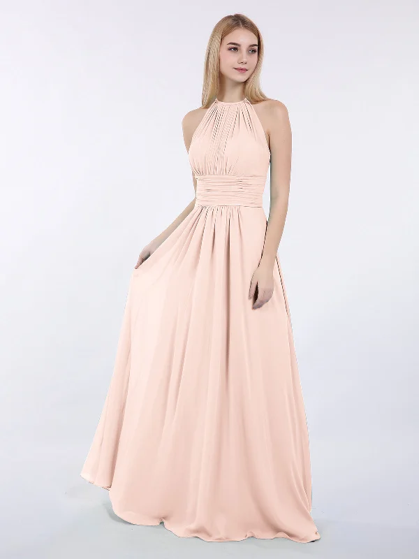 Halter Chiffon Maxi Dress of Bridesmaid Pearl Pink Elegant Velvet Maxi Dress