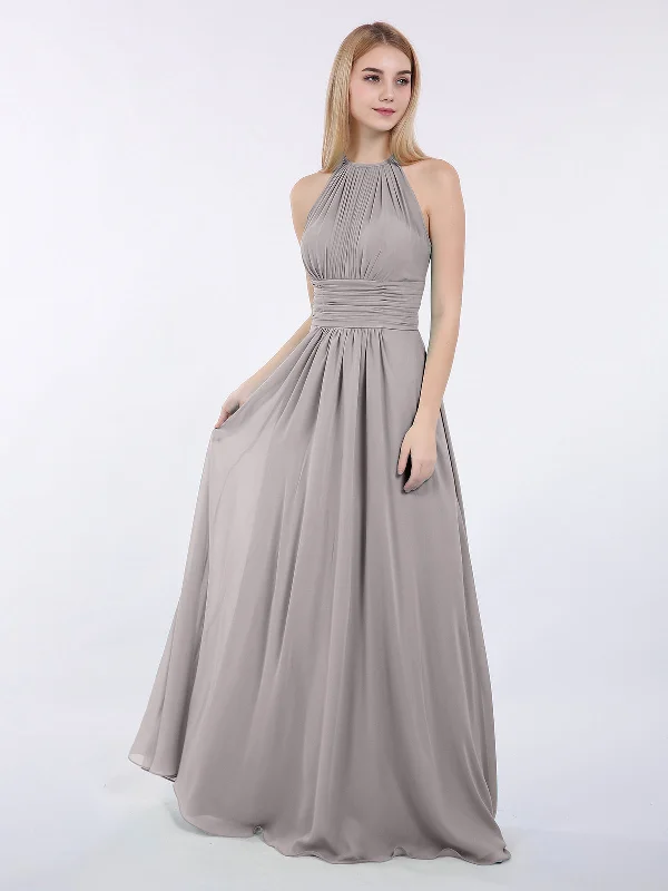 Halter Chiffon Maxi Dress of Bridesmaid Silver Trendy Maxi Dress with Bow