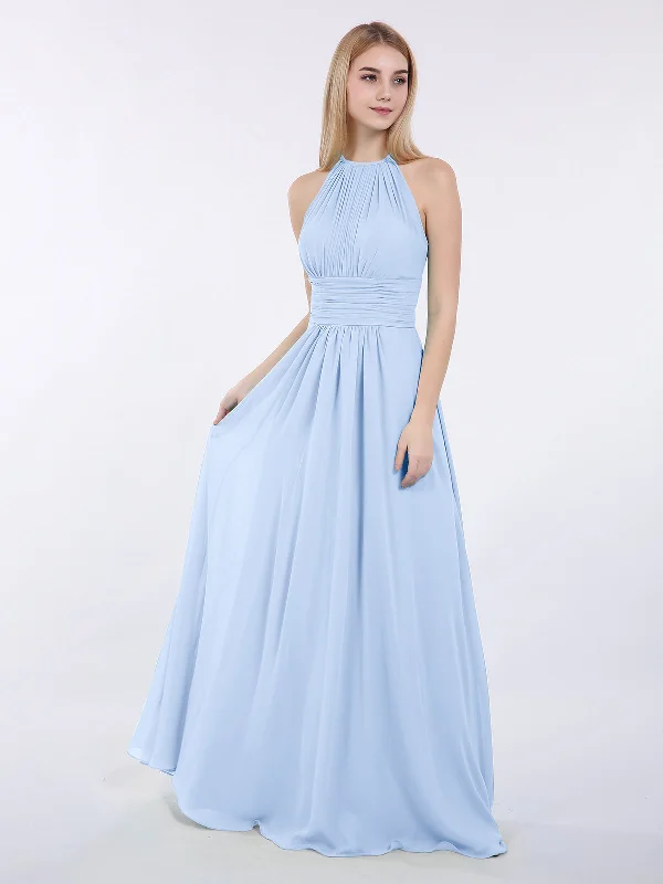 Halter Chiffon Maxi Dress of Bridesmaid Sky Blue Comfortable Ruffle Maxi Dress