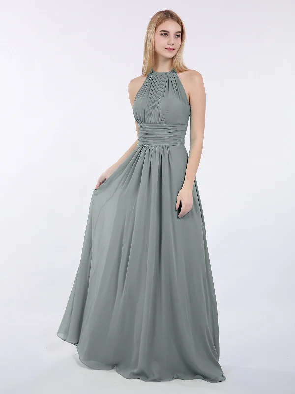 Halter Chiffon Maxi Dress of Bridesmaid Steel Grey Cozy Maxi Dress with Slit