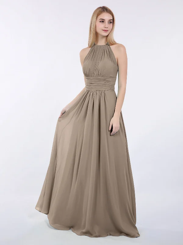 Halter Chiffon Maxi Dress of Bridesmaid Taupe Trendy Satin Maxi Dress