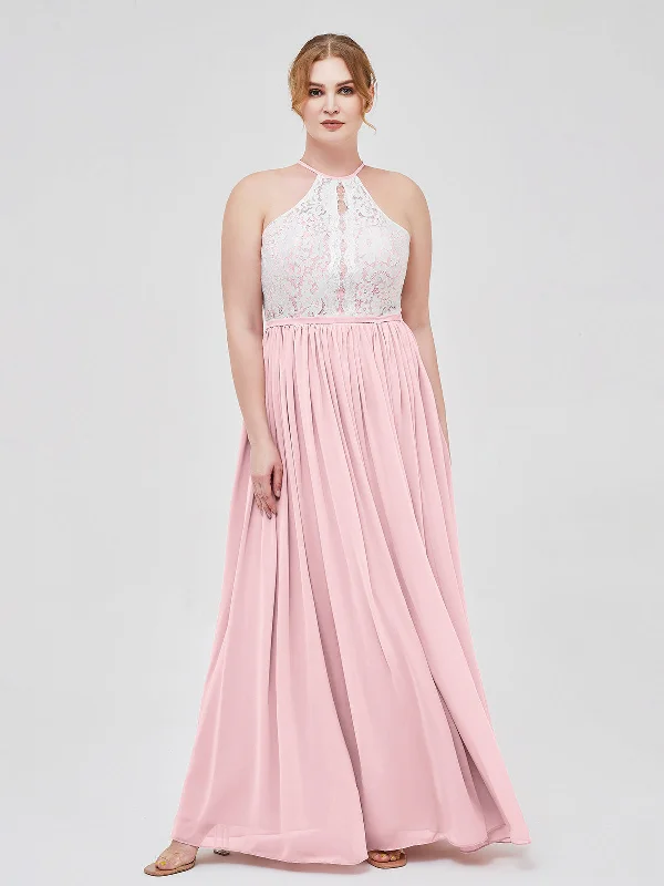 Halter Maxi Dress with Ivory Lace Bodice-Blushing Pink Cozy Open-Back Maxi Dress