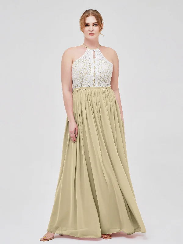 Halter Maxi Dress with Ivory Lace Bodice-Champagne Trendy Floral Print Maxi Dress