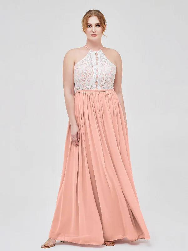 Halter Maxi Dress with Ivory Lace Bodice-Coral Stylish Long Sleeve Maxi Dress