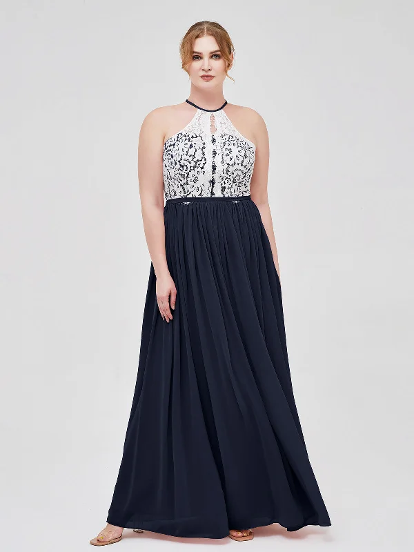 Halter Maxi Dress with Ivory Lace Bodice-Dark Navy Fashionable Sheer Maxi Dress