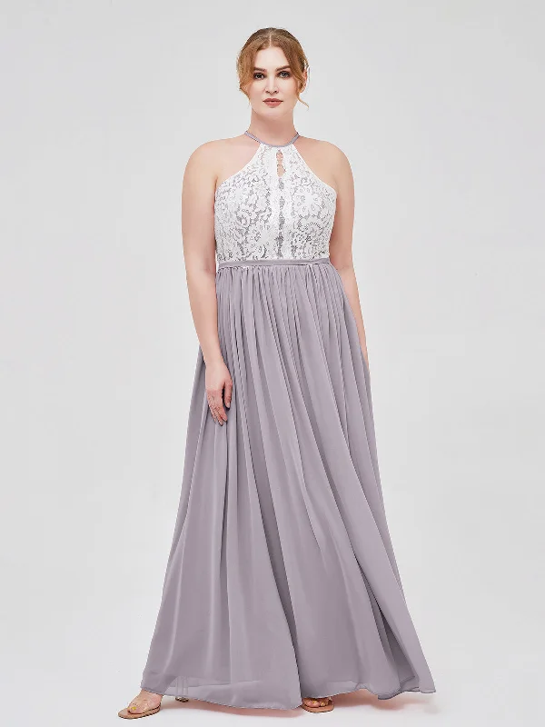 Halter Maxi Dress with Ivory Lace Bodice-Dusk Fashionable Chiffon Tiered Maxi Dress