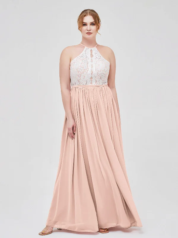 Halter Maxi Dress with Ivory Lace Bodice-Pearl Pink Classic Solid Maxi Dress