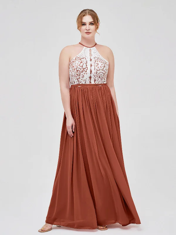 Halter Maxi Dress with Ivory Lace Bodice-Rust Chic Button-Up Maxi Dress