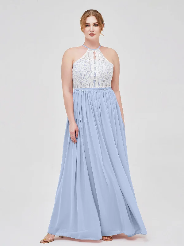 Halter Maxi Dress with Ivory Lace Bodice-Sky Blue Elegant Maxi Dress with Lace