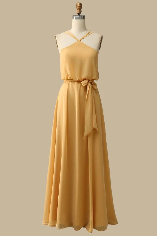 Blouson-Style Halter Chiffon Maxi Dress in Mustard Yellow Stylish Button-Up Maxi Dress