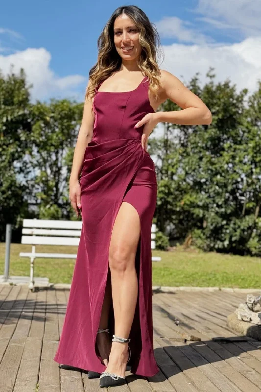 Burgundy Square Neck Cutout Back Ruched Maxi Dress Cozy Spaghetti Strap Maxi Dress